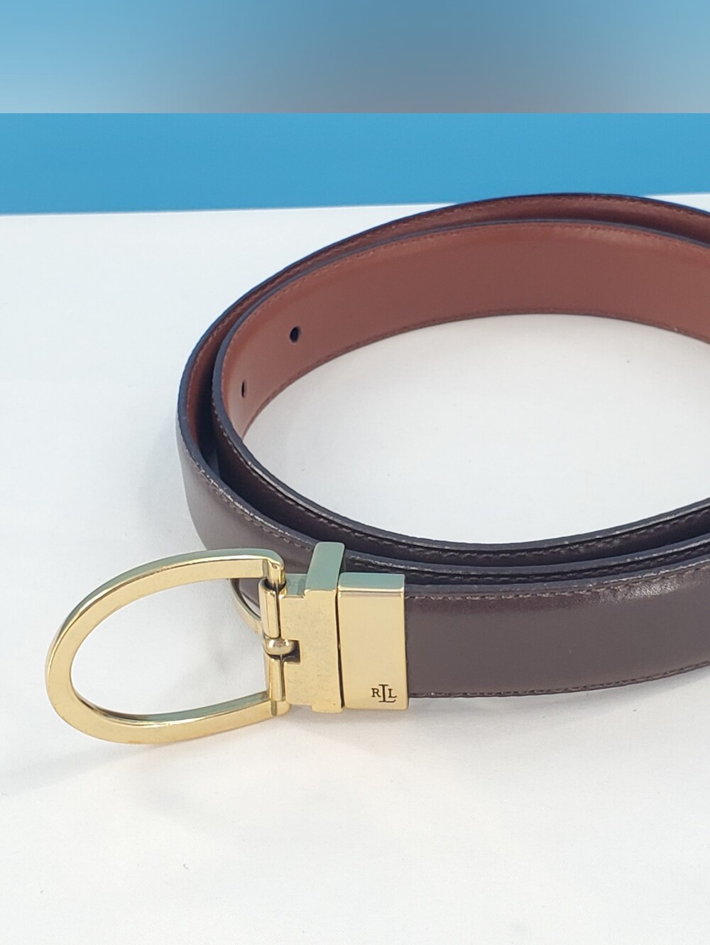 Lauren RL brown leather belt gold tone buckle